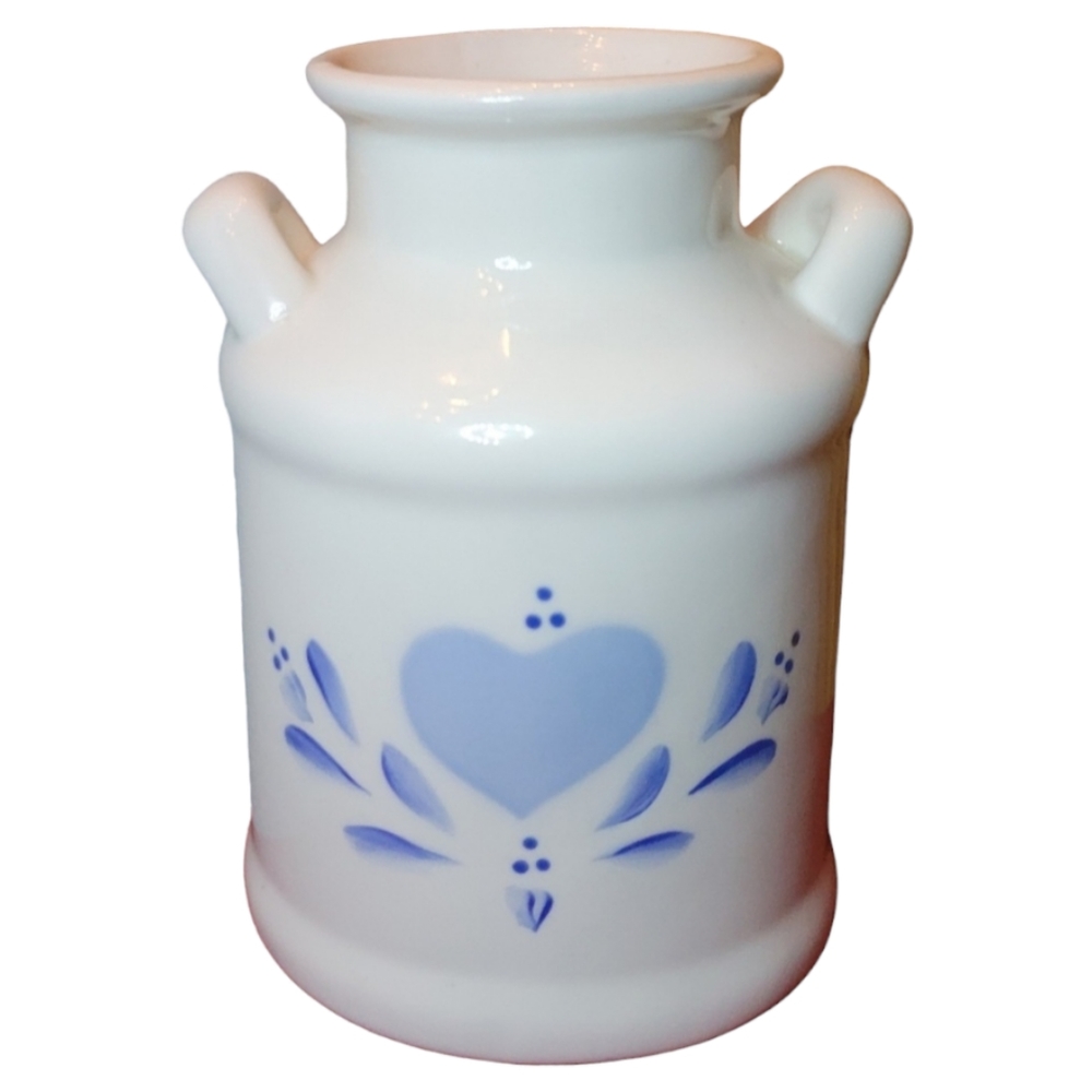 Vtg Lasting Products Inc Ceramic Milk Can W/Blue Heart Vase, Stash Jar Container